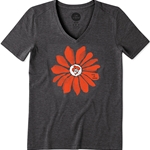 LIFE IS GOOD BLACK SHORT SLEEVE V NECK TEE FLOWER