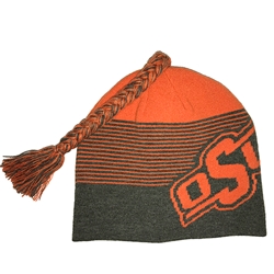 ORANGE & GREY BEANIE WITH BRAIDED TAIL