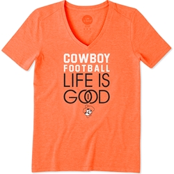 LIFE IS GOOD ORANGE SHORT SLEEVE V NECK TEE FOOTBALL